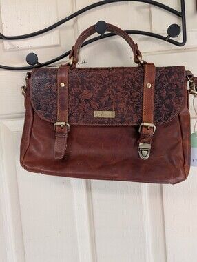 All Leather Brown Floral-Accent Satchel Shoulder Bag